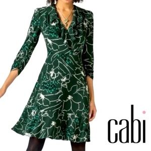 CAbi Ruffle Up Dark Green Floral Long Sleeve Dress Stretchy Size Medium EUC